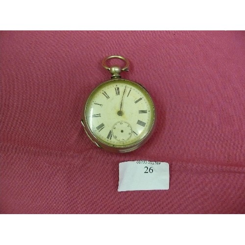 26 - OPEN FACED POCKET WATCH, WHITE ENAMEL FACE WITH BLACK NUMERALS.  MISSING HANDS.