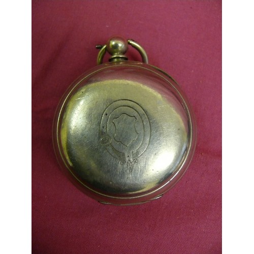 26 - OPEN FACED POCKET WATCH, WHITE ENAMEL FACE WITH BLACK NUMERALS.  MISSING HANDS.