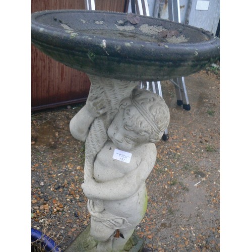 537 - CHERUB HOLDING BOWL BIRDBATH, STONE COLOURED.