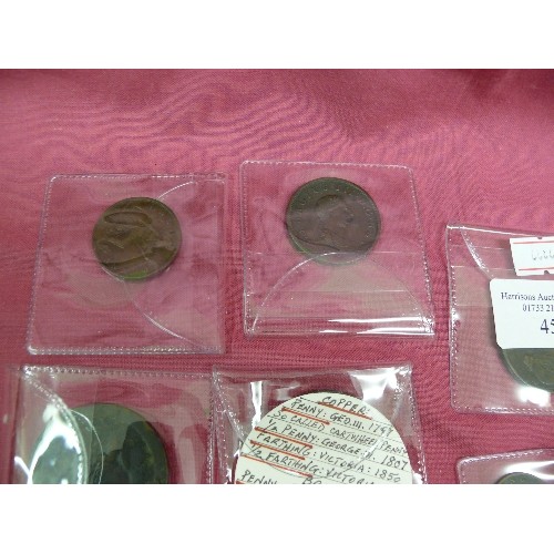 45 - COLLECTION OF OLD COPPER COINS. 1d George III 1797. 1/2 penny 1807. farthing 1847. 1/2 farthing 1844... 