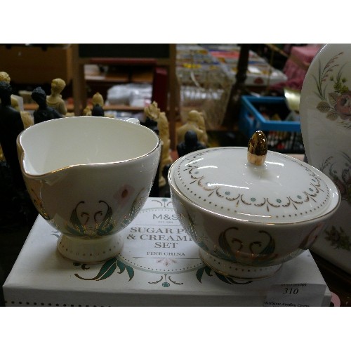 BOXED M&S FINE CHINA SUGAR POT AND CREAMER SET.