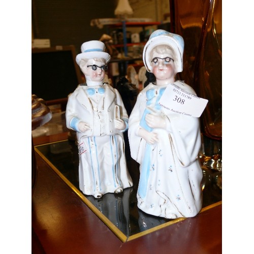 PAIR OF CERAMIC NODDING HEAD FIGURINES, GENTLEMAN HAS BEEN REPAIRED.