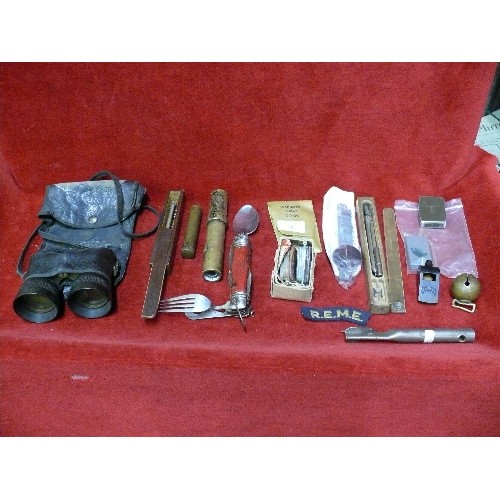 56 - COLLECTION OF BRITISH MILITARY ITEMS INCLUDING A VERY GOOD PAIR OF FIELD BINOCULARS, RIFLE OIL ,
PER... 