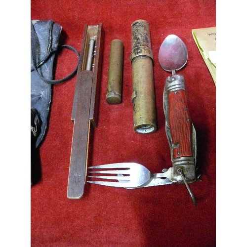 56 - COLLECTION OF BRITISH MILITARY ITEMS INCLUDING A VERY GOOD PAIR OF FIELD BINOCULARS, RIFLE OIL ,
PER... 