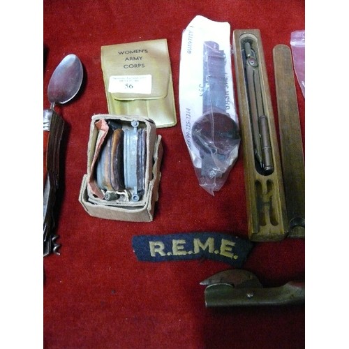 56 - COLLECTION OF BRITISH MILITARY ITEMS INCLUDING A VERY GOOD PAIR OF FIELD BINOCULARS, RIFLE OIL ,
PER... 