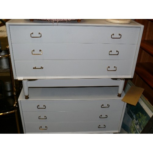 PAIR OF GREY PAINTED CHESTS OF TWO DRAWERS ON LEGS.