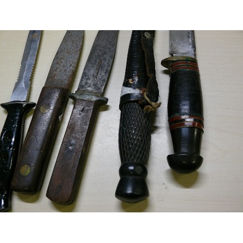 59 - COLLECTION OF VINTAGE KNIVES - TWO FIGHTING KNIVES, TWO ALL PURPOSE AND ONE SHEATH KNIFE.