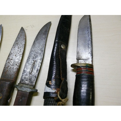 59 - COLLECTION OF VINTAGE KNIVES - TWO FIGHTING KNIVES, TWO ALL PURPOSE AND ONE SHEATH KNIFE.