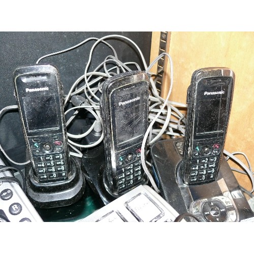 398 - CORDLESS PANASONIC TELEPHONE SET PLUS TWO LANDLINE PHONES WITH LARGE NUMBERS.