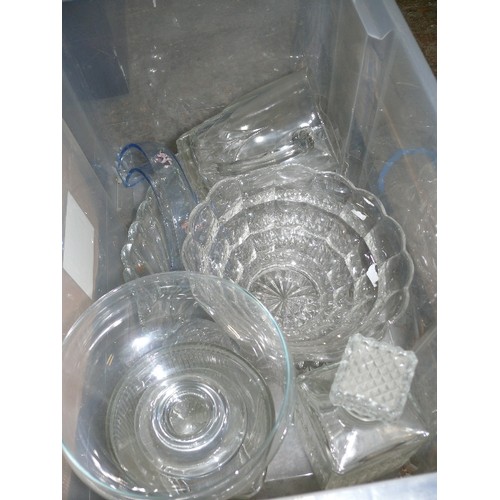 461 - TWO BOXES OF MIXED GLASSWARE - BON BON DISH, JUG, BOWLS, DRINKING GLASSES ETC.