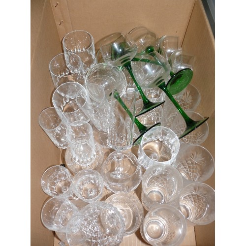 461 - TWO BOXES OF MIXED GLASSWARE - BON BON DISH, JUG, BOWLS, DRINKING GLASSES ETC.