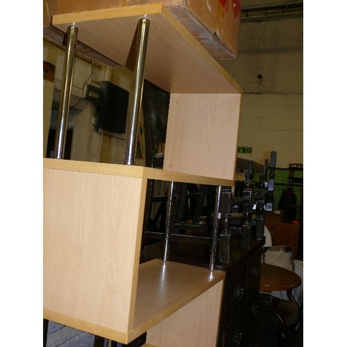 525 - CONTEMPORARY WOOD EFFECT AND CHROME SHELVING UNIT.