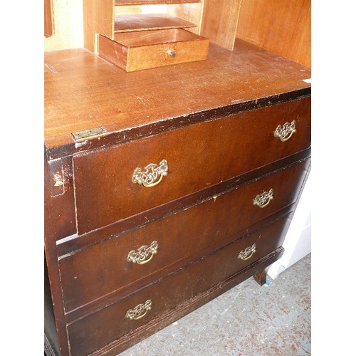 528 - WRITING BUREAU WITH THREE DRAWERS, DROP DOWN DOOR NEEDS RE-FITTING.