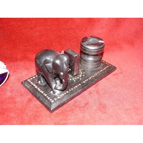 78 - VINTAGE EBONISED WOODEN ELEPHANT THEMED DESKSTAND PLUS A VERY DECORATIVE PEWTER INK BLOTTER.