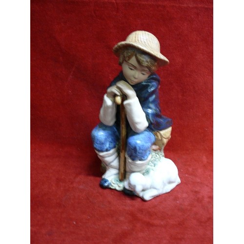 89 - ATTACTIVE HANDCRAFTED SPANISH PORCELAIN FIGURE OF A SHEPHERD BOY AND LAMB BY NADAL.