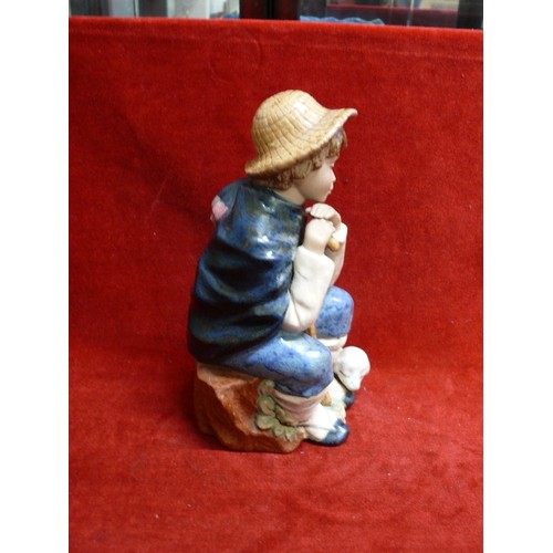 89 - ATTACTIVE HANDCRAFTED SPANISH PORCELAIN FIGURE OF A SHEPHERD BOY AND LAMB BY NADAL.