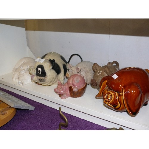 105 - SIX LARGE PIG ORNAMENTS / MONEY BOXES.