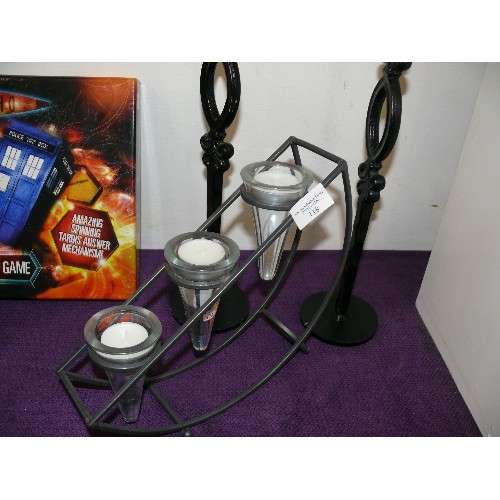 119 - PAIR OF DECORATIVE TALL METAL CANDLEHOLDERS AND DECORATIVE TEALIGHT HOLDER.