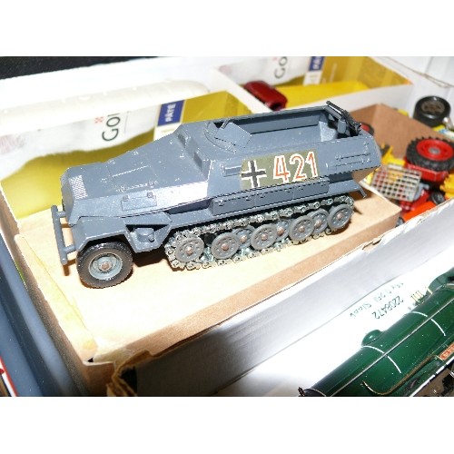 141 - MIXED COLLECTORS BOX OF CARS, TRAINS AND OTHER VEHICLES INCLUDING HORNBY,  SOLIDO, MATCHBOX AND DINK... 