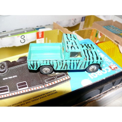 142 - MIXED COLLECTORS BOX OF CARS, TRAINS AND VARIOUS OTHER VEHICLES INCLUDING CORGI.