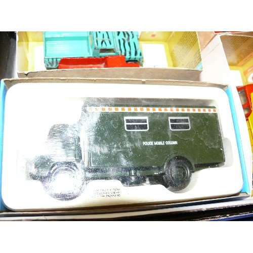 142 - MIXED COLLECTORS BOX OF CARS, TRAINS AND VARIOUS OTHER VEHICLES INCLUDING CORGI.