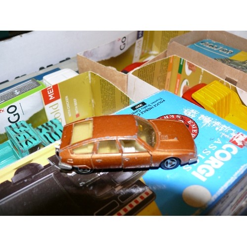 142 - MIXED COLLECTORS BOX OF CARS, TRAINS AND VARIOUS OTHER VEHICLES INCLUDING CORGI.