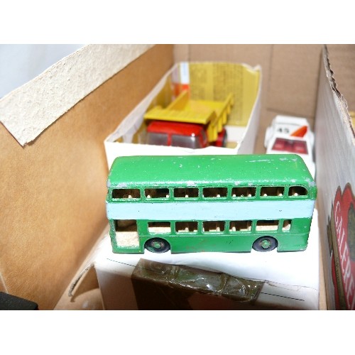 143 - MIXED COLLECTORS BOX OF CARS, TRAINS AND OTHER VEHICLES INCLUDING CORGI.