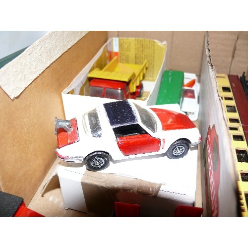 143 - MIXED COLLECTORS BOX OF CARS, TRAINS AND OTHER VEHICLES INCLUDING CORGI.