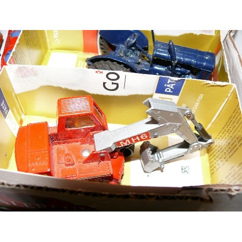 144 - MIXED COLLECTORS BOX OF CARS, LORRIES, TRACTORS AND OTHER VEHICLES INCLUDING MATCHBOX AND DINKY.