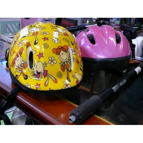 211 - TWO BICYCLE SAFETY HELMETS PLUS A BICYCLE PUMP.