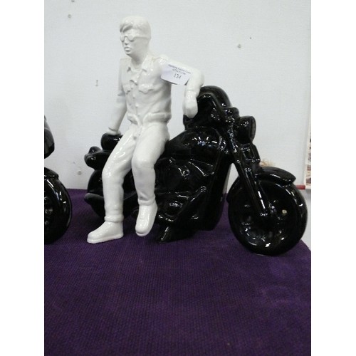 134 - PAIR OF VERY NICE CERAMIC MOTORCYCLES WITH GIRL AND BOY RIDERS IN BLACK AND WHITE ORNAMENTS.