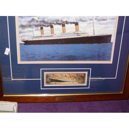 147 - FRAMED AND GLAZED PICTURE AND STAMPS FEATURING THE TITANIC.