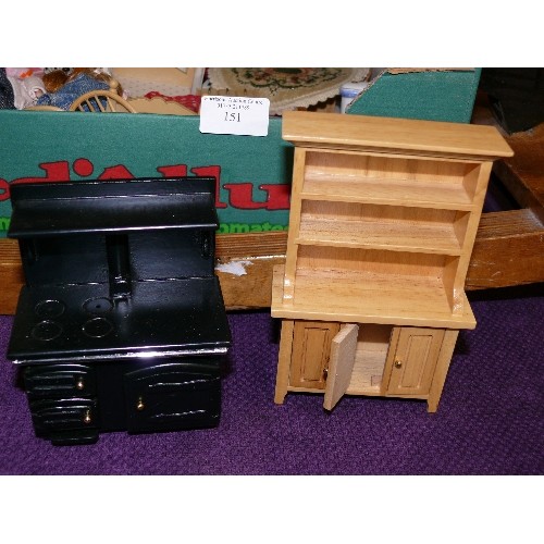 151 - QUANTITY OF DOLLS HOUSE FURNITURE INCLUDING FIGURES, PUP IN BASKET AND DALMATIAN.