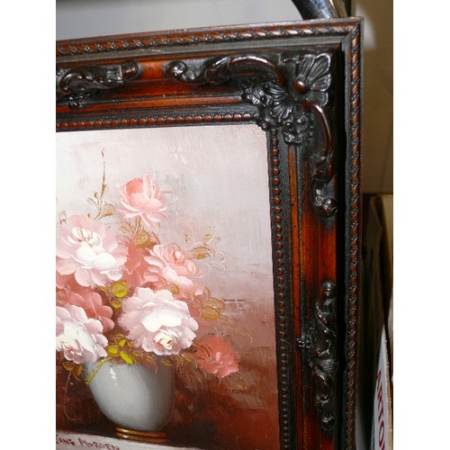 153 - OIL PAINTING OF A VASE OF FLOWERS IN AN ORNATE FRAME SIGNED BY JANE MORDEN.