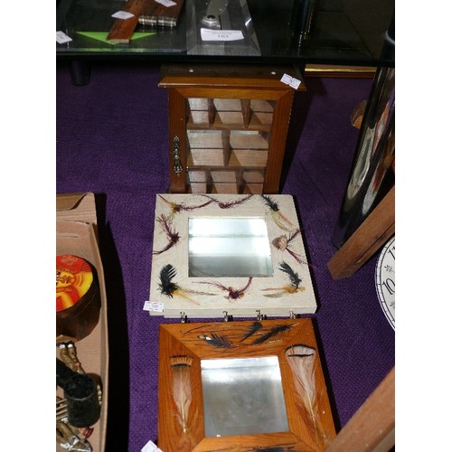 164 - PAIR OF DECORATIVE MIRRORS WITH HOOKS AND A SMALL DISPLAY CABINET.