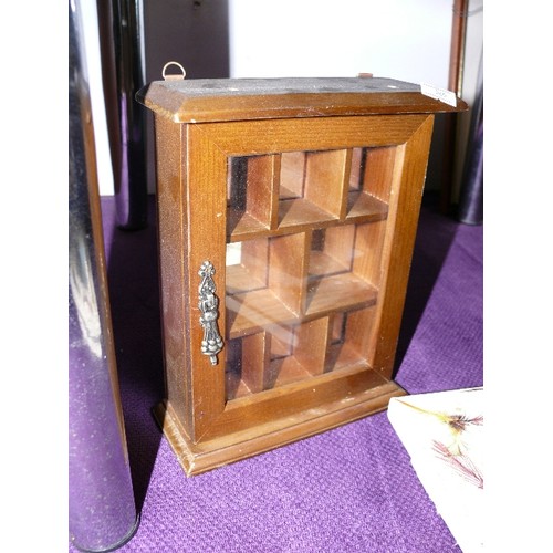 164 - PAIR OF DECORATIVE MIRRORS WITH HOOKS AND A SMALL DISPLAY CABINET.