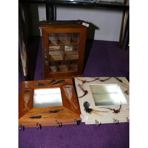 164 - PAIR OF DECORATIVE MIRRORS WITH HOOKS AND A SMALL DISPLAY CABINET.