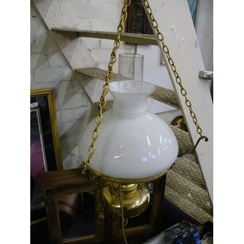 177 - HANGING BRASS CEILING LIGHT WITH GLASS SHADE AND CHIMNEY.