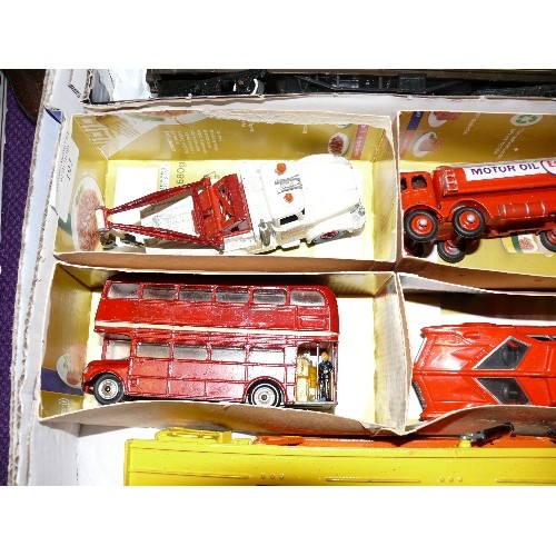 197 - MIXED COLLECTORS BOX OF CARS, TRAINS AND OTHER VEHICLES INCLUDING TRI-ANG, CORGI AND DINKY.