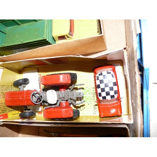 295 - MIXED COLLECTORS BOX OF CARS AND OTHER VEHICLES INCLUDING BRITAINS AND MATCHBOX.