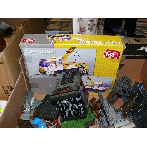 285 - BOX OF TOY CONSTRUCTION SET PARTS, TOW TRUCK, DRAGONS, CASTLE.