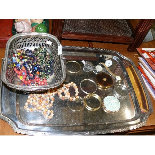 309 - LARGE STAINLESS STEEL TRAY WITH METAL BASKET OF JEWELLERY, COMPACTS, WATCHES ETC.