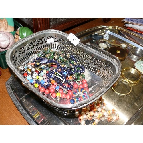 309 - LARGE STAINLESS STEEL TRAY WITH METAL BASKET OF JEWELLERY, COMPACTS, WATCHES ETC.