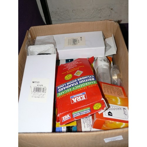 184 - BOX OF VARIOUS HARDWARE INCLUDING A BOXED BURGLAR ALARM.