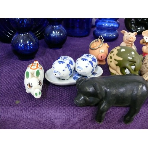 133 - COLLECTION OF VARIOUS PIG ORNAMENTS PLUS A SET OF THREE MONKEYS.