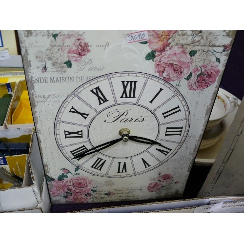 145 - DECORATIVE METAL PARIS CLOCK PLUS A METAL MAP OF 'DEVONSHIRE'.