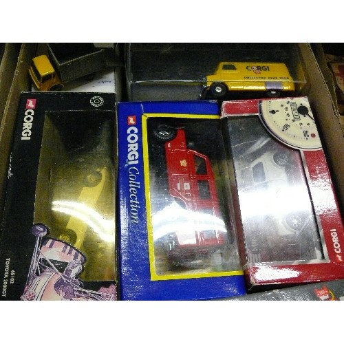 198 - MIXED COLLECTORS BOX OF CARS AND TRUCKS BY CORGI, MOSTLY NEW IN THE BOXES.