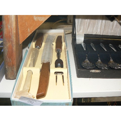 292 - SET OF SIX SHEFFIELD BONE HANDLE KNIVES, SET OF SHELL SPOONS AND A CARVING SET, ALL BOXED.