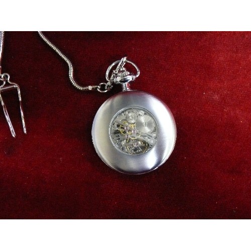 29 - A SKELETON SEKONDA CLASSIQUE MECHANICAL POCKET WATCH WITH CHAIN WORKING IN OWN BOX.