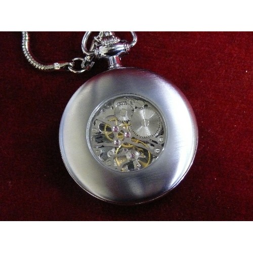 29 - A SKELETON SEKONDA CLASSIQUE MECHANICAL POCKET WATCH WITH CHAIN WORKING IN OWN BOX.